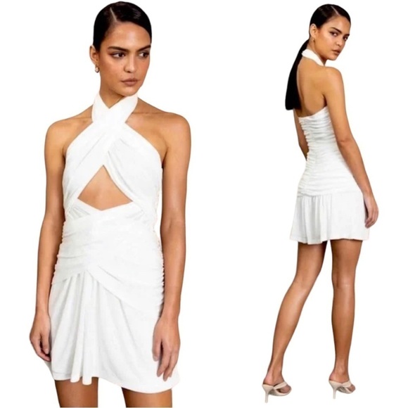 MISHA Size 8 Callie Mini Ruched Halter Summer White Dress - Picture 1 of 10